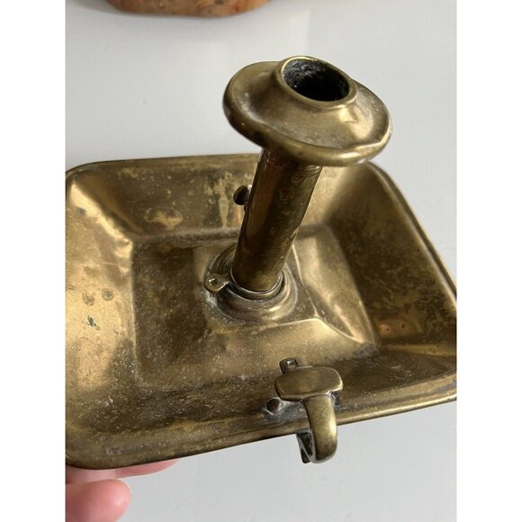 Antique Brass Pushup Candle Chamberstick Colonial Rectangular Base Finger Holder - Picture 5 of 9